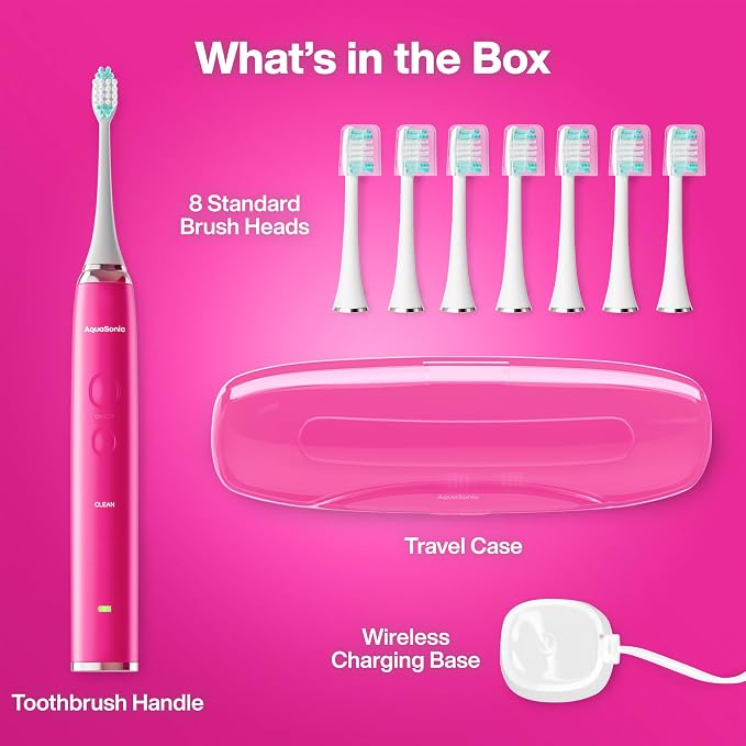 Aquasonic Vibe Series Ultra-Whitening Toothbrush – ADA Accepted Electric Toothbrush - 8 Brush Heads & Travel Case – 40,000 VPM Motor & Wireless Charging - 4 Modes w Smart Timer – Electric Pink