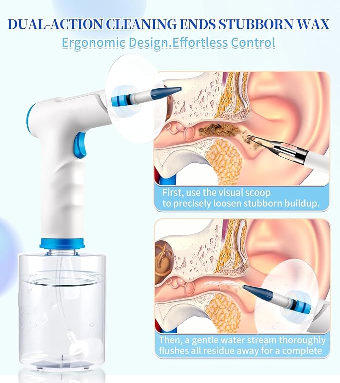 Ear Wax Removal, Earwax Removal Kit for Safe Solo Use at Home, Ear Cleaning Tools with 4 Pressures Modes & LED Light, Includes Basin, Towel & 16 Tips