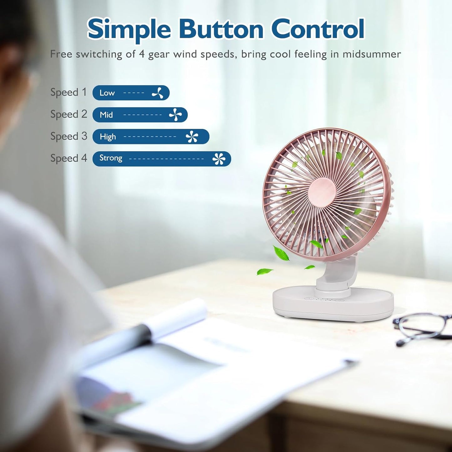 CONBOLA Small Desk Fan for Bedroom, 4000mAh Battery Powered Rechargeable Fan, 90° Vertical Manual and 120° Oscillating Fan, 4 Speeds Quiet Air Circulator Table Fan for Home Office, Pink