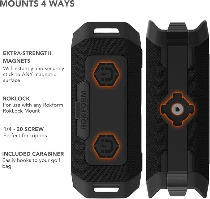 ROKFORM G-ROK Pro, Premium Sound with Bass, Portable Bluetooth Golf Speaker, 24 Hour Battery, Magnetic Hold with 49lb Pull Force, IPX7 Waterproof, LED Display, Unlimited Pairing, Can Charge Phone
