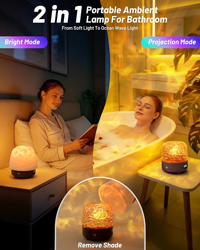 Waterproof Rechargeable Shower Lamp with Bluetooth Speaker for Bathroom,Shower Light with Adjustable 15 Color Wave Projector for Bathtub,Portable Table Lamp for Indoor/Outdoor Decor