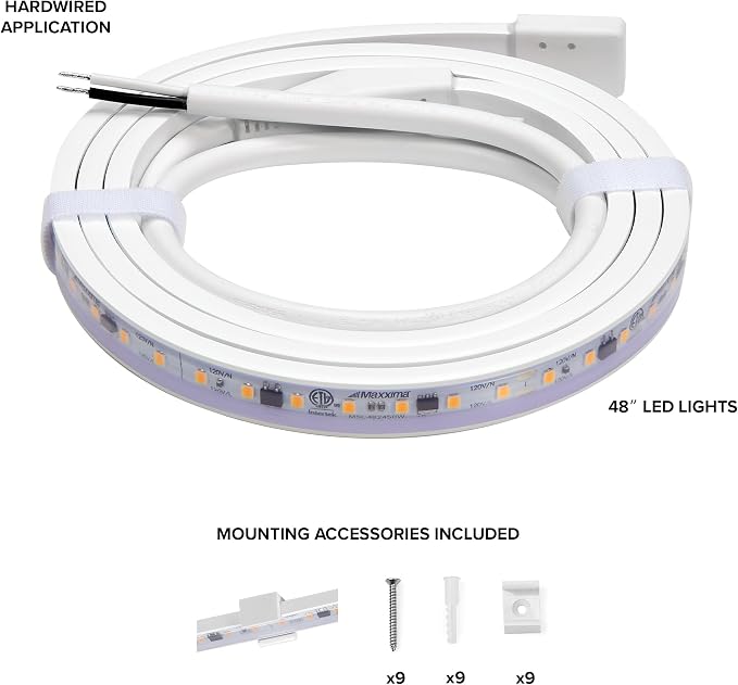 Maxxima 48 in. Hardwired LED Under Cabinet Strip Light, 1840 Lumens, 3000K Warm White, Kitchen and Living Room 120V White Cove Lighting, No Power Supply Needed