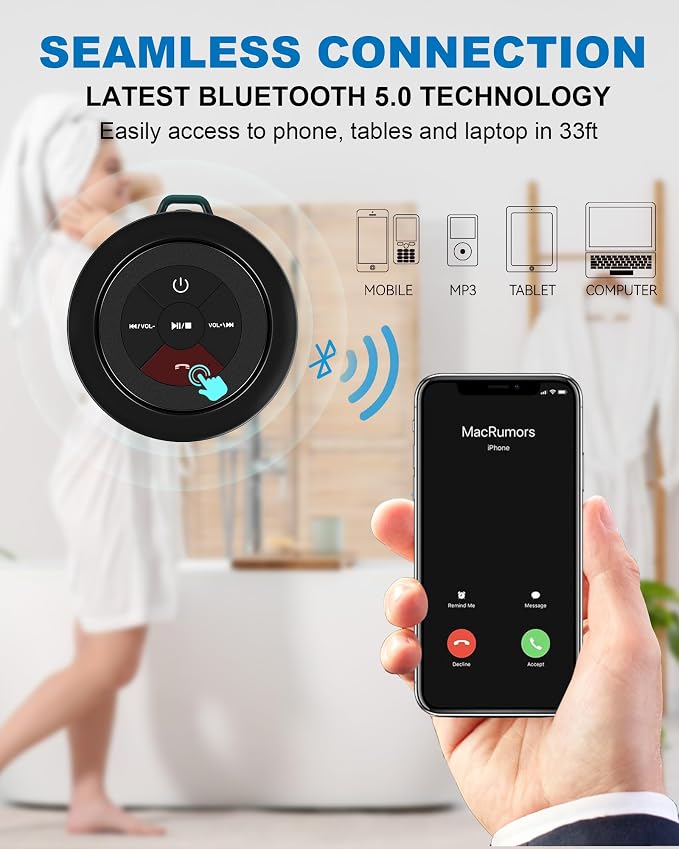 Bluetooth Shower Speaker, Portable Bluetooth Speakers, IP67 Waterproof Wireless Speaker with Suction Cup & Carabiner, Built-in Mic, True Wireless Stereo for Camping Travel,Electronic Gifts