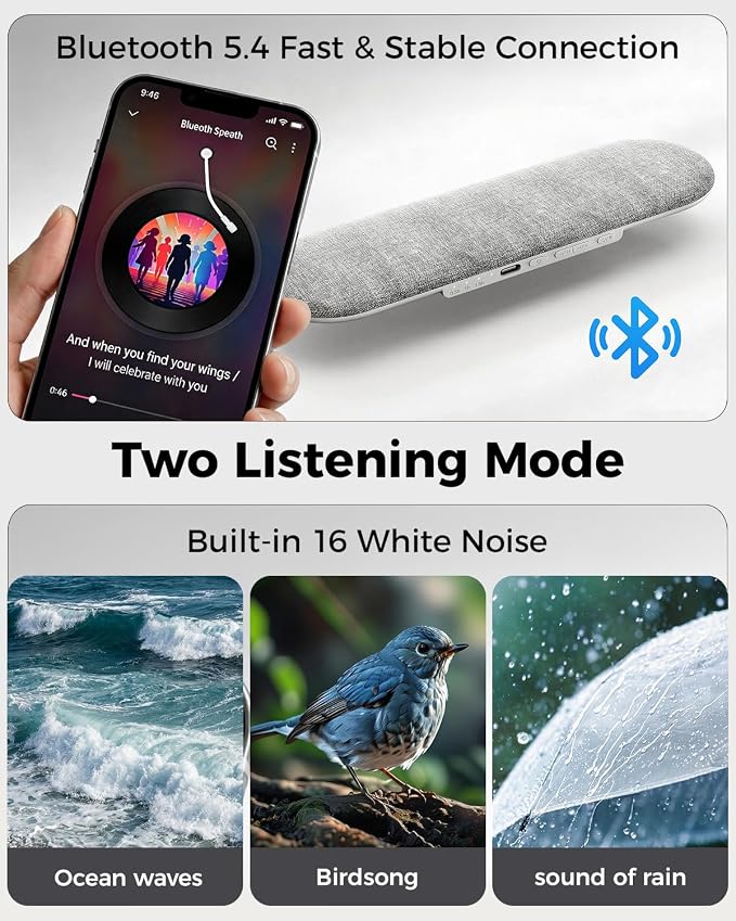 Pillow Speaker for Sleeping with Dual Speakers, Wireless Bluetooth Under-Pillow Sleep Sound Machine, Built-in 16 White Noise, 15-Hour Battery Life, Auto-Off Timer, Rechargeable, for Adults Kids