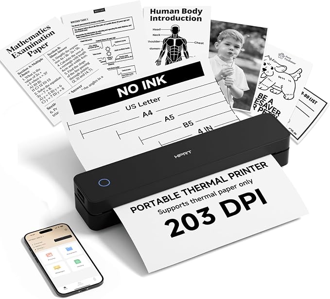 HPRT Inkless Portable Printer Wireless for Travel,Thermal Printer Supports 8.5" x 11" US Letter&A4&A5,Compatible with iOS,Android, Laptop, MT610,203 DPI,Black