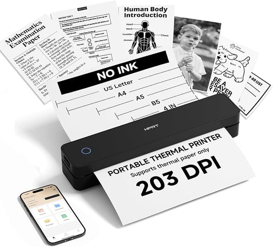 HPRT Inkless Portable Printer Wireless for Travel,Thermal Printer Supports 8.5" x 11" US Letter&A4&A5,Compatible with iOS,Android, Laptop, MT610,203 DPI,Black