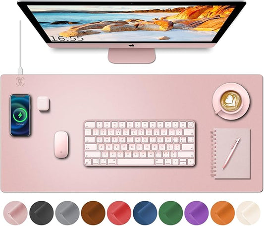 Desk Mat with Wireless Charging, Pink Mouse Pad with Wireless Charger, Desk Pad Matt for Desktop, Mousepad Gaming Large Mouse Pad, Leather Compute for Keyboard and Mouse, 32" x 16"