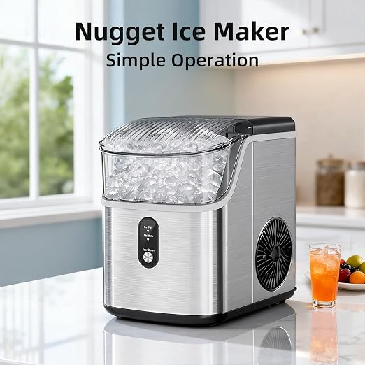 Antarctic Star Nugget Ice Maker Countertop, 35lbs/24H, Soft Chewable Ice, Self-Cleaning, Fast Making in 8 Mins, Portable Ice Machine with Handle, Ice Basket & Scoop, Stainless Steel Silver