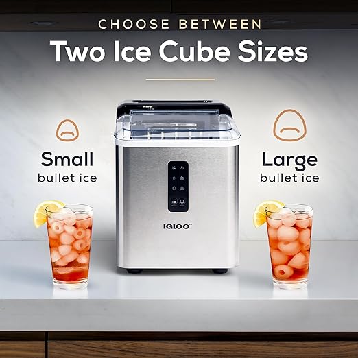 Igloo Portable Ice Maker with Scoop - Ice Maker with LED Control Panel & 1.5 Quart Water Tank - Stainless Ice Cube Maker Produces 26 Lbs. of Ice in 24 Hours with 9 Large or Small Cubes in 7 Minutes