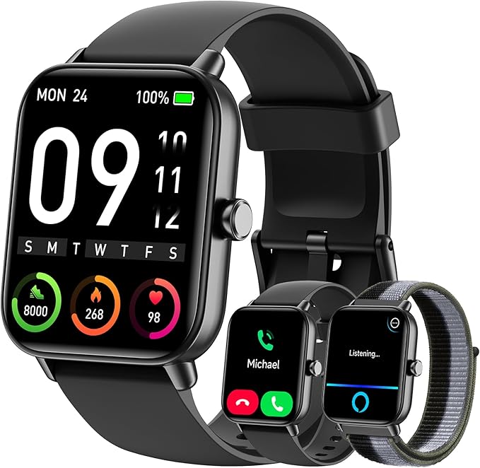 Hingso Smart Watch for Women Men, 1.85" Fitness Tracker for Android/iPhone | Bluetooth Call & Text Alert, Alexa Built-in, 24/7 Heart Rate/SpO2/Sleep/Cycles Monitor, 120+ Sports, IP68 Waterproof, 2 Bands