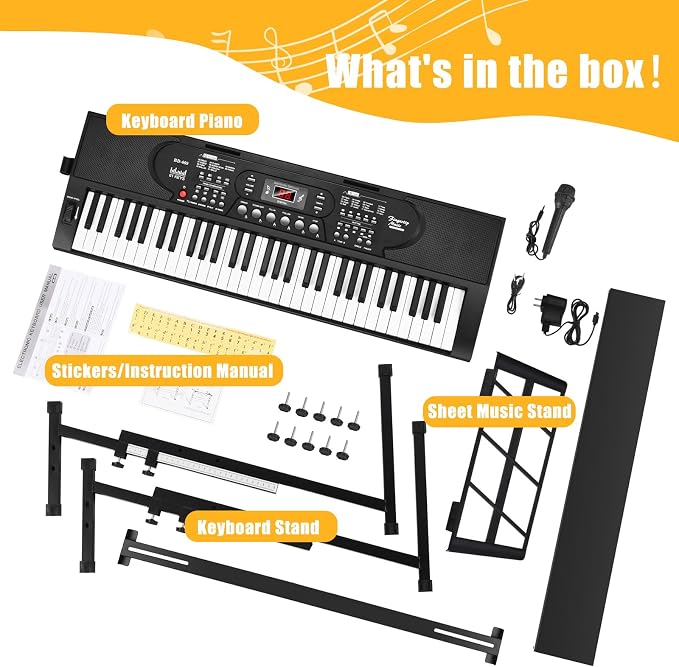 61 Key Portable Keyboard Piano with Stand, Electronic Keyboard Piano Kit, Microphone, Note Stickers, Music Rest, Digital Music Keyboard Built-In Speakers for Beginners