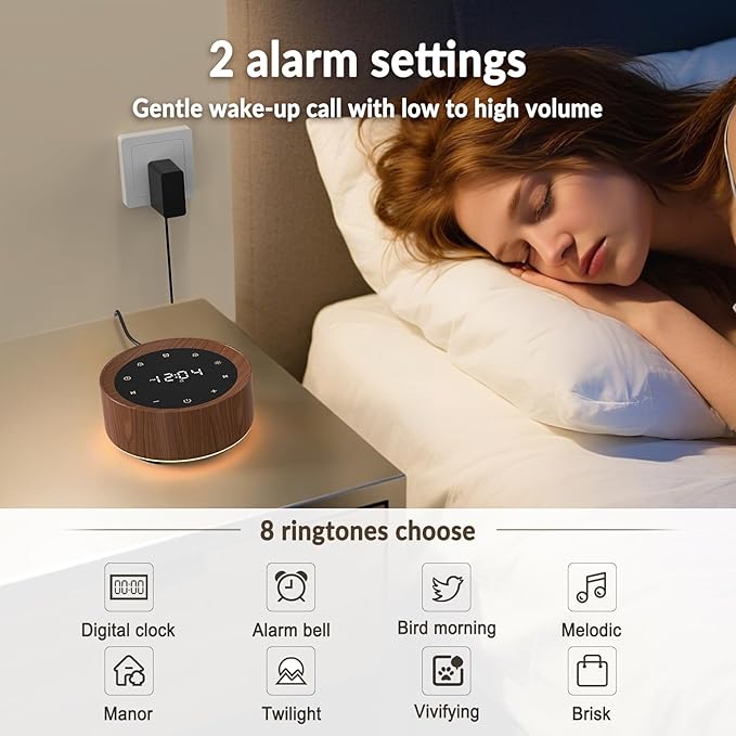 White Noise Machine with Alarm Clock & Night Light for Babies and Adults, 20 Soothing Sounds, Glare-Free Upward Display, Touch Control, Memory Function, 5 Sleep Timers, Wood Grain