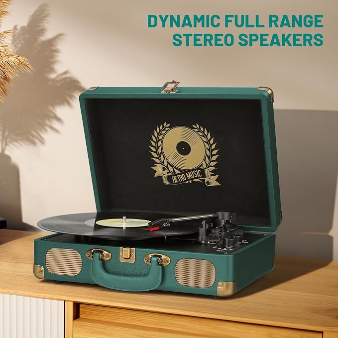 Vinyl Record Player Bluetooth Turntable 3-Speed Suitcase Portable Vintage Belt-Driven Record Player with Built-in Speakers RCA Line Out AUX in Headphone Jack Hunter Green