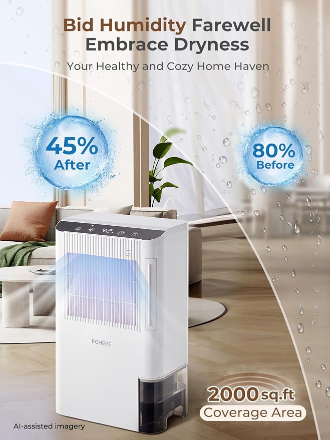 FOHERE Portable Dehumidifier for Home & RV, 85oz Water Tank & Drain Hose, Humidity Display, Sleep Mode, Auto Shut-Off, Compact Moisture Remover for Bathroom Bedroom Closet Laundry Room