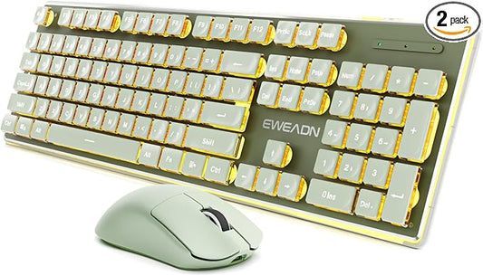 Wireless Keyboard and Mouse Combo with White Backlit Pudding Keycaps, Bluetooth & 2.4G, 2000mAh Rechargeable, Full Size, Metal Panel Quiet Computer Keyboard Set for Windows PC Desktop - Green