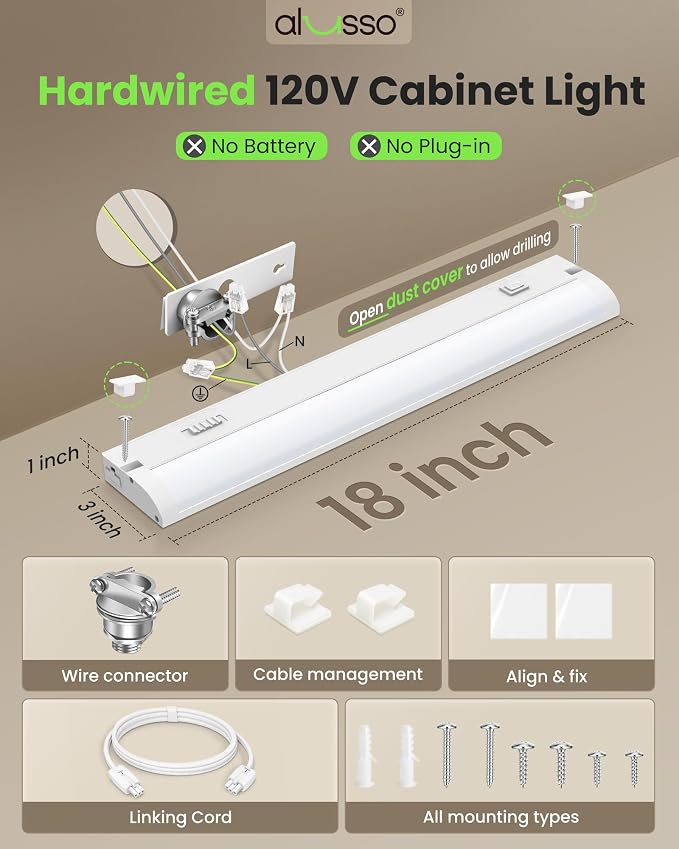 ALUSSO 18 Inch LED Under Cabinet Lighting Hardwired 120V, 5CCT Color Selectable 2700K-5000K Dimmable 10W 800LM High Brightness, CRI 90+ Strip Linkable Under Counter Lights for Kitchen Sink, 2 Pack