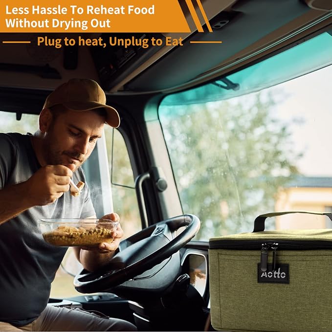 Aotto Heated Lunch Box Food Warmer - 12V/24V 2-in-1 Car Food Warmer with Vehicle Plug - Mini Portable Electric Lunch Box Heater for Men and Women - Reheat & Keep Meals Warm On the Go - Green