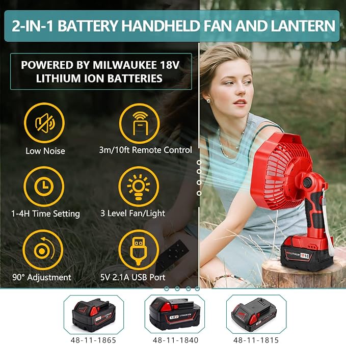 Portable Camping Fan for Milwaukee 18v Battery, Tent Fans with Remote, LED Work Light(2 Pack)