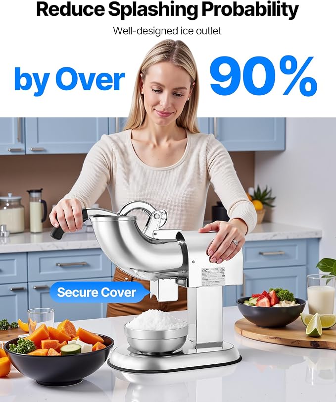 VEVOR Ice Crusher Machine, 440lbs Per Hour Electric 4 Blades Snow Cone Maker, All Stainless Steel Shaved Ice Machine with Bowl and Cover, 350W 1400RPM Ice-Shaver for Home and Commercial Use, Silver