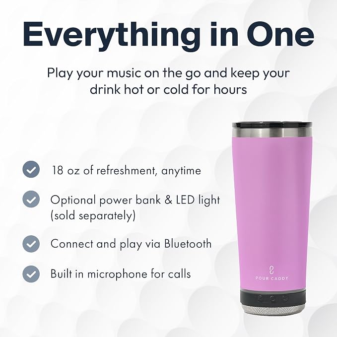 Vibe 18 oz Tumbler with Bluetooth Speaker, Insulated Stainless Steel Travel Cup with Lid, Hot & Cold Drink Beverage Container, Built-In Speaker, Rubber Base, Pink
