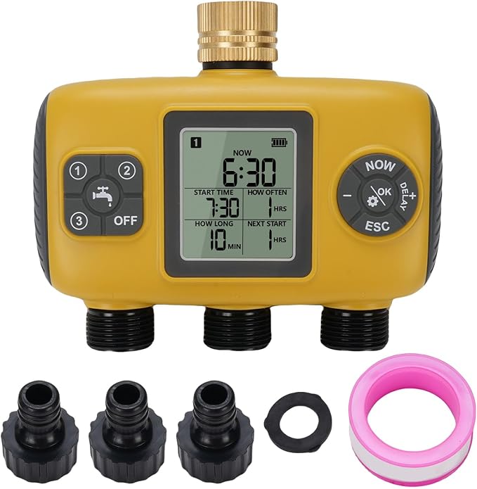 3 Outlet Programmable Hose Timer, Brass Inlet Rain Delay Watering Controller, for Yard Lawn, Real Time Start Countdown