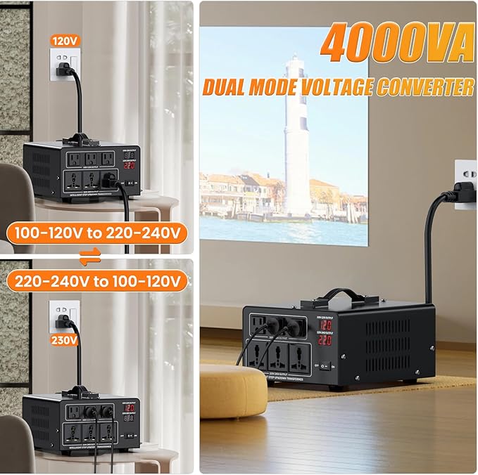 2000W Voltage Converter Transformer Step Up 110V/120V to220V/240V or Step Down 220V to 110V AC Power Converte, Circuit Breaker Protection, 2 US sockets, 2 Universal sockets, LCD Display