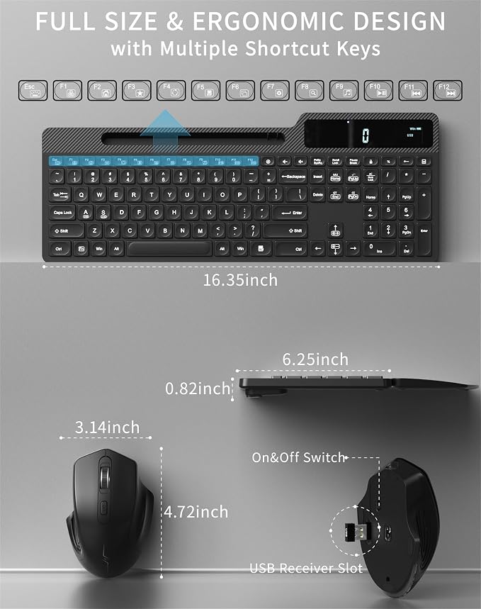 Wireless Keyboard Mouse Combo, Full Size Quiet Ergonomic Keyboard with Calculator, Backlit, Wrist Rest, Phone Holder, 2.4Ghz Silent Rechargeable Keyboard & Mouse for Laptop, PC, Windows (Black)