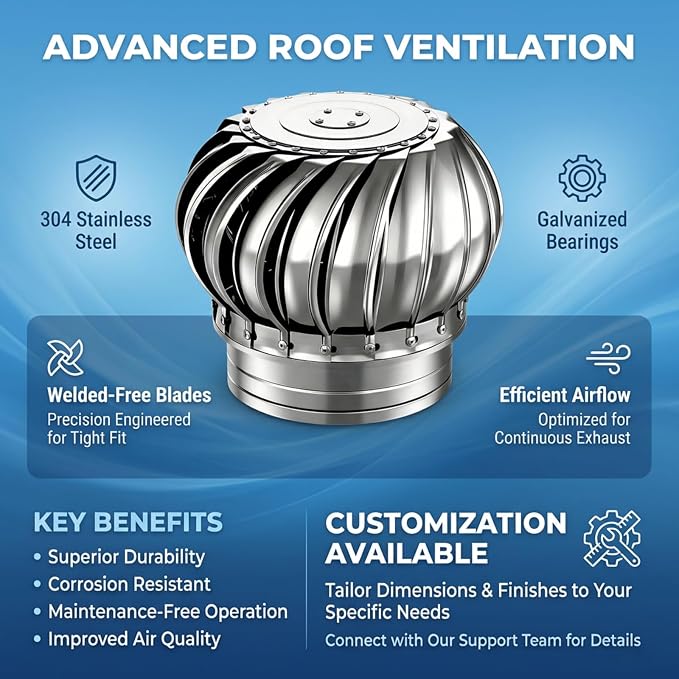 Stainless Steel Turbine Roof Ventilator, 304 Grade Metal Wind Turbine Cap, 7.9 Inch Attic Exhaust Vent, Rainproof Silent Operation