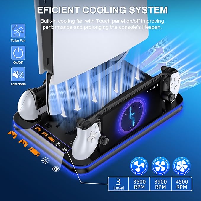 FYOUNG All in One Cooling Stand & Charger Station for PS5/Slim/Pro Console and Controller Charing Dock, Charging Stand for PlayStation Portal, Headset and Remote Holder with RGB Light Stand (Black)