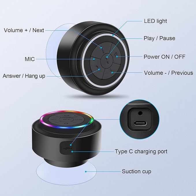 Mini Bluetooth Shower Speaker with Suction Cup, Wireless Shower Speaker Bluetooth Waterproof, IP67 Floating Waterproof Bathroom Speaker, Ideal Gifts for Men Women Kids