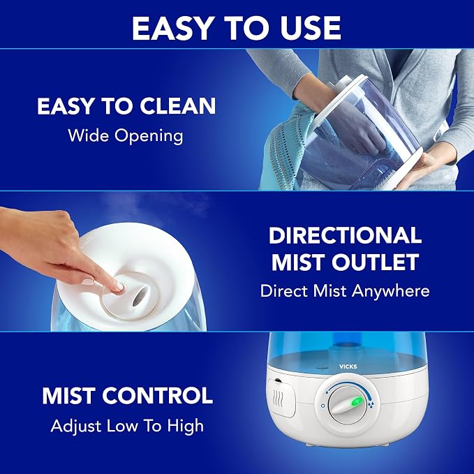 Vicks Filter-Free Ultrasonic Humidifier, Recommended by Pediatricians, 1.2 Gal Ultrasonic Cool Mist Humidifiers for Bedrooms & Kids Rooms, Works with Vicks VapoPads