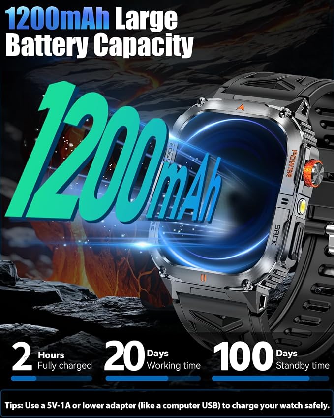 Military Smart Watch for Men, 2.01" Smartwatch with 1200mAh Battery, Flashlight, Answer/Make Calls, Heart Rate/Sleep Monitor 100+ Sport Modes Fitness Tracker for Android/iPhone (Black 03)