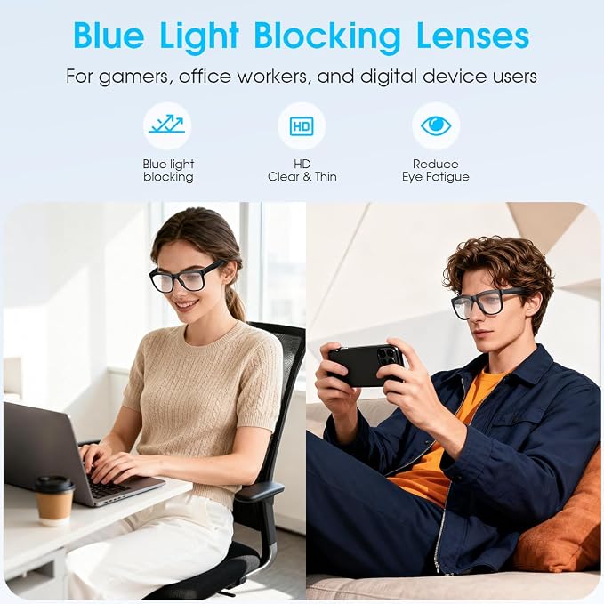 Bluetooth Smart Glasses,Blue Light Blocking Glasses for Men and Women ,Built-in Mic & Speakers,Smart Wireless Headphone Glasses for Office/Work Blue Light Filtering, Voice Control,Unisex