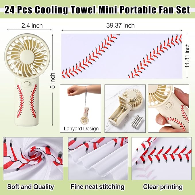Retisee 24 Pcs Baseball Cooling Towel Mini Portable Fan Set 32 x 12 Inch Workout Towels Handheld Battery Powered Fan Sporting Baseball Gifts for Summer Team Gift Travel Camping Makeup Yoga Running
