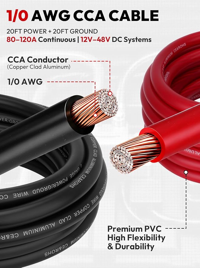 1/0 AWG 40FT Copper Clad Aluminum Battery Cable Kit, 0 Gauge 20FT Red + 20FT Black CCA Power/Ground Wire with 20PCS Ring Terminals & 3:1 Heat Shrink Tubing for Car Audio, RV, Solar, Inverter