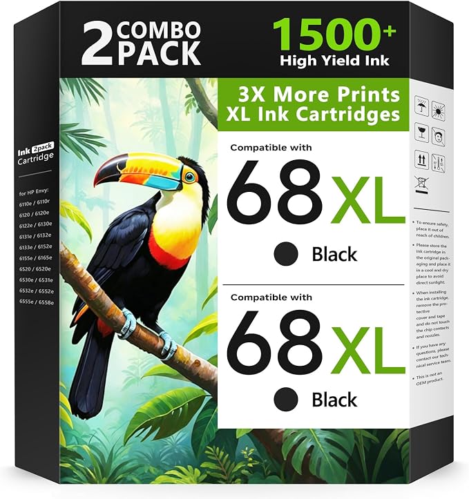 68XL 68 Ink Cartridges Black Combo Pack Compatible for HP68 68 XL 68 Ink Cartridges for HP Printers Replacement for HP Ink 68 68e for Envy 6155e 6100e 6152e 6500e 6552e 6555e 6558e(2 Black)
