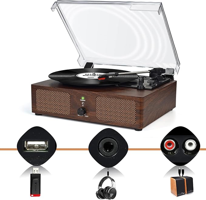 Vinyl Record Player with Built-in Speakers and USB,Belt-Driven Bluetooth Turntable with 3 Speed AUX Input Headphone Jack and RCA Output Vintage Wooden Coffee