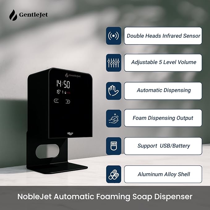 GentleJet NobleJet Automatic Foaming Soap Dispenser Touchless Sensor, LED Display, 5 Foam Levels, Wall Mount or Countertop, Rechargable USB-C or Battery Powered, Aluminum Alloy, 480 ml Refillable