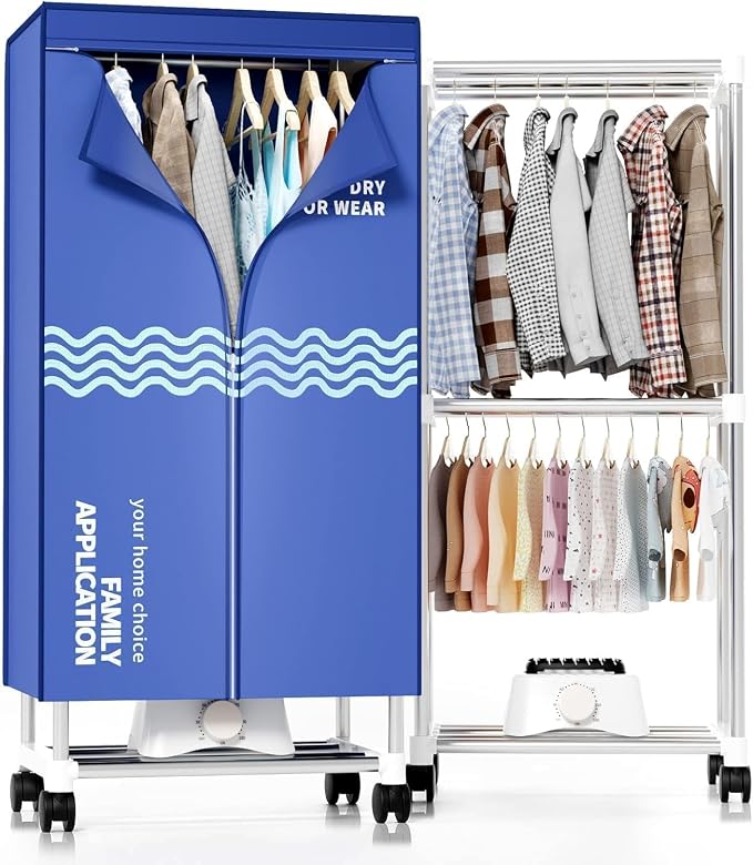 Clothes Dryer, Portable Drying Machine with Timer, 60inch Laundry Drying Wardrobe with Large Capacity, Electric Dryer/Rack for Home | Appartments (Blue UE5)
