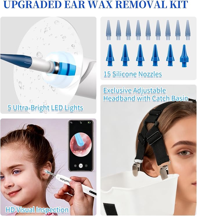 Ear Wax Removal, Ear Cleaner with Camera 500ml Ear Cleaner Kit with HD Display & 4 Pressure Settings, Safe and Effective Ear Flush Kit with Ear Cleaner - Includes Basin, Towel & 16 Tips