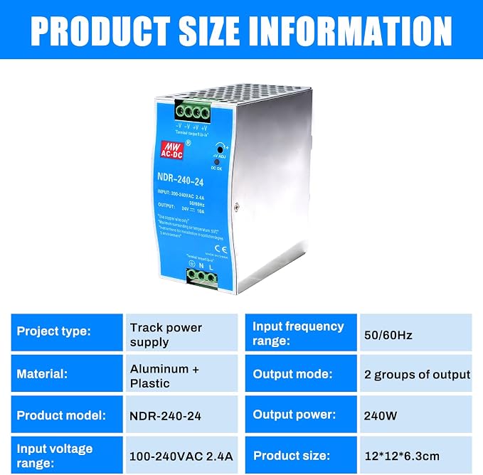 ZPSHYD ZPSHYD DIN Rail Power Supply, 240W 24V 10A Industrial AC to DC Converter Multiple Protections 100-220V Input for LED Lighting, CCTV, 3D Printer, CNC Machine