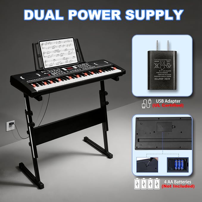 Keyboard Piano 61 Lighted Keys, Electric Keyboard Kit with 100 Voices, 100 Rhythms - Built-In Speaker, Microphone, Sheet Stand and Power Supply, Gift for Children Beginners [Black, Piano with Stand]