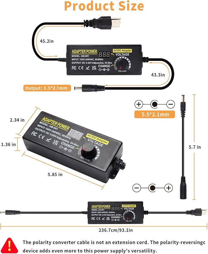 3V~24V 120W 5A Adjustable DC Power Supply AOYADAISU Universal Power Adapter with 14 Tips & Polarity Converter, 100-240V 50-60Hz Variable AC to DC Power Converter for LED Strip Light Camera 5000mA