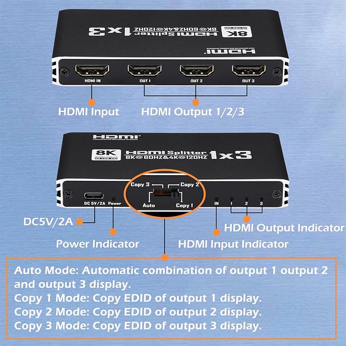 8K@60Hz HDMI Splitter 1 in 3 Out, 1x3 HDMI 2.1 Splitter Support 4K@120Hz, 1080P@240Hz VRR HDCP2.3 HDR HDR10 48Gbps EDID Dolby Atmos 7.1ch, Only Duplicate/Mirror Screens Not Extend