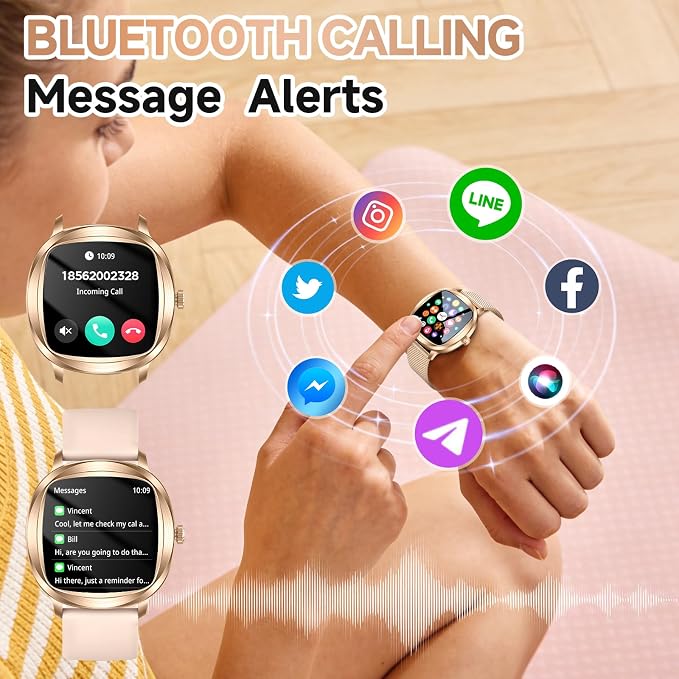 Smart Watch for Women, 1.72" Fitness Tracker with Answer/Make Calls, Sleep/Heart Rate Monitor, Smartwatch for Android iOS Support 100+ Sports Modes, IP68 Waterproof, Fitness Watch with 2 Band (Gold)