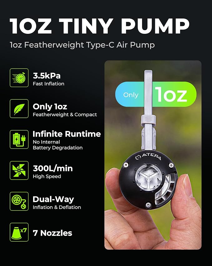 ATEPA Mini Air Pump for Inflatables, Ultra-Light 1oz Portable Air Mattress Pump with 300L/min Fast Inflate Deflate & Type-C Powered Small Air Pump & 7 Nozzles for Camping Backpacking Sleeping Pad