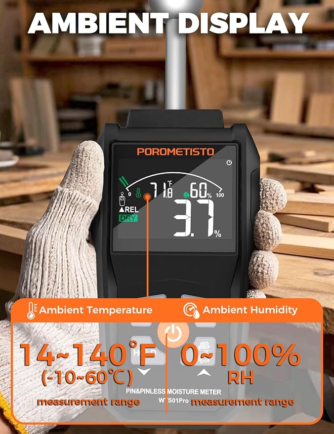 Moisture Meter, POROMETISTO Pin & Pinless Moisture Meter – Dual Mode Wood Moisture Detector for Walls, Drywall, Firewood & Concrete, Digital Moisture Meter with Color Screen & Alarm