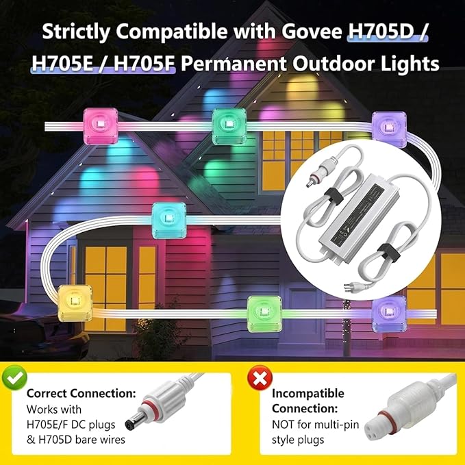 36V Waterproof Power Adapter for Govee Permanent Outdoor Lights - Compatible with H705D, H705E, H705F, H706A, H706B, H706C Models (White) Reliable Replacement Charging Cable