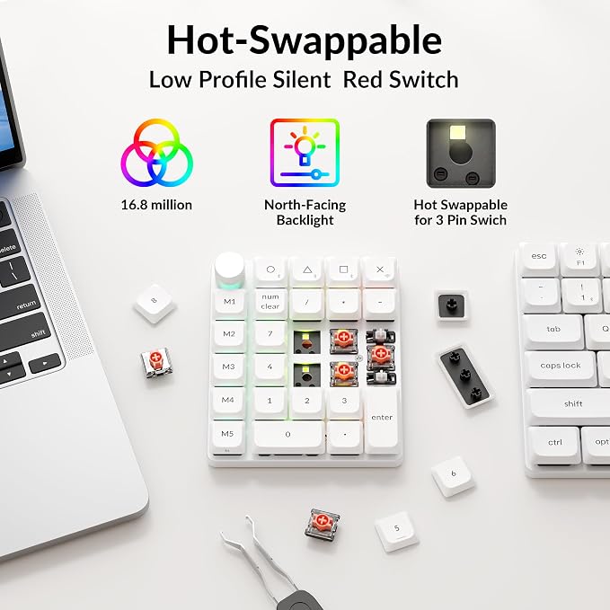 Keychron K0 Max QMK Wireless Custom Number Low-Profile RGB Backlit (Hot-Swappable) Silent Red Switch Keypad, 2.4 GHz & Bluetooth 5.3 Connection, 1000Hz Polling Rate - White