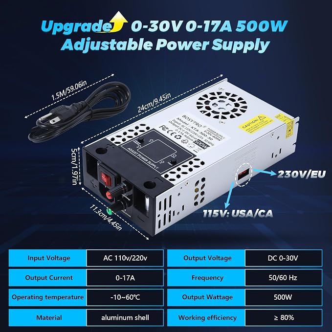 Upgraded AC to DC Converter 5V 12V 24V 30V DC Power Supply Adjustable 0-30V 0-17A 500W Switching Power Supply for Led Strip, Motor Pump, CCTV, 3D Printer, Lab Computer